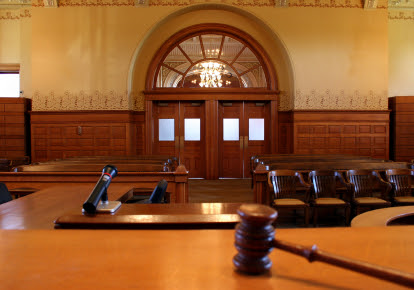 An empty court room with a gavel in New Orleans, LA