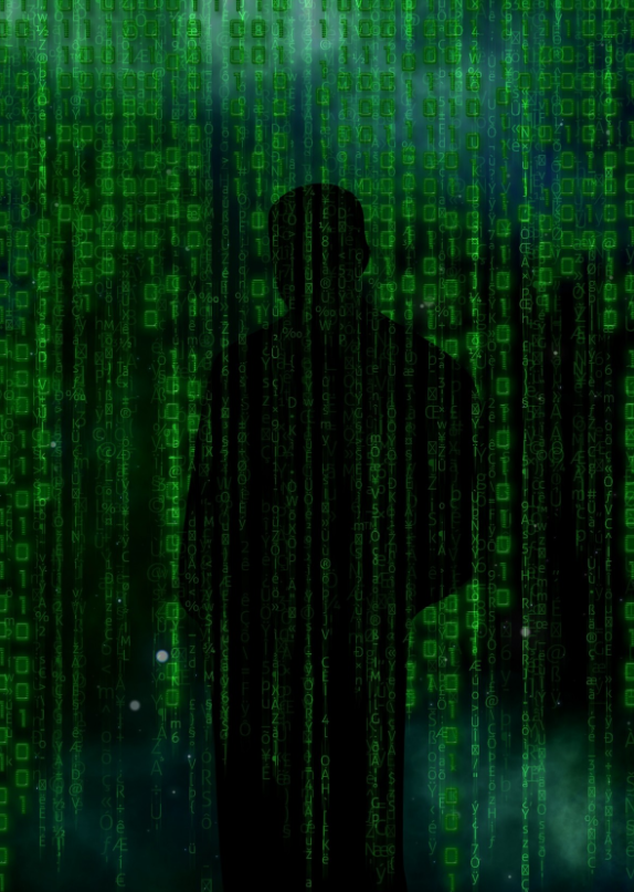 A silhouette of a man behind green code-like symbols