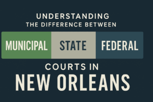 Graphic showing the differences between Municipal, State, and Federal Courts in New Orleans using blended blue, green, and gray law-firm colors.